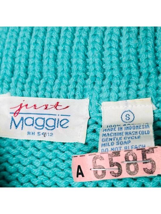 VTG Just Maggie Turquoise Knit Sweater Small 80s 90s Button Up Ribbed Trim - Picture 3 of 4